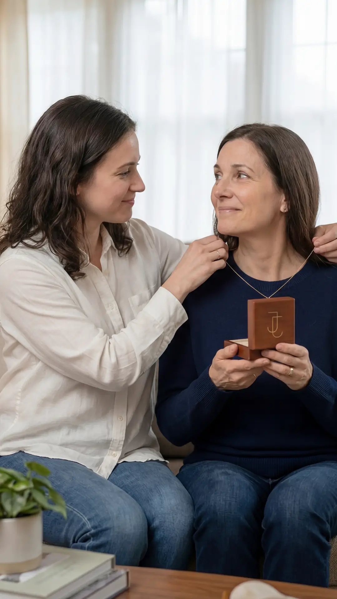 Two women sharing a sentimental moment with a gift of jewelry in a cozy home setting.
