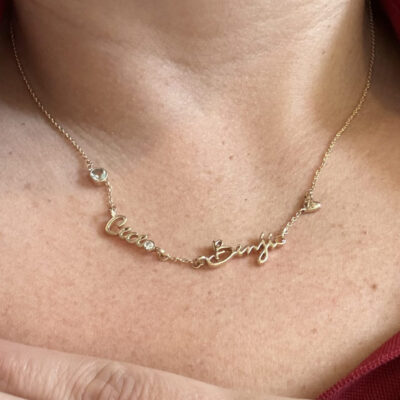 Finished family name necklace set with birthstones.