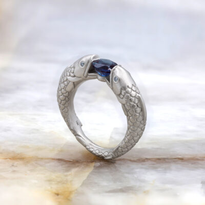 Finished Two Fish Engagement Ring with Alexandrite set Gemstone