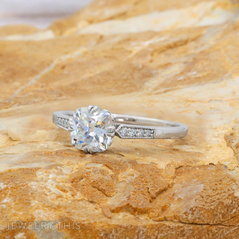 Old Mine Cut diamond engagement ring with cushion shape (side view) Old Mine Cut diamond engagement ring with cushion shape (side view)