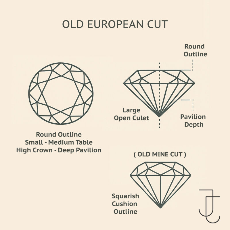 vintage Old European Cut diamond Sketch showing facets and pavilion depth