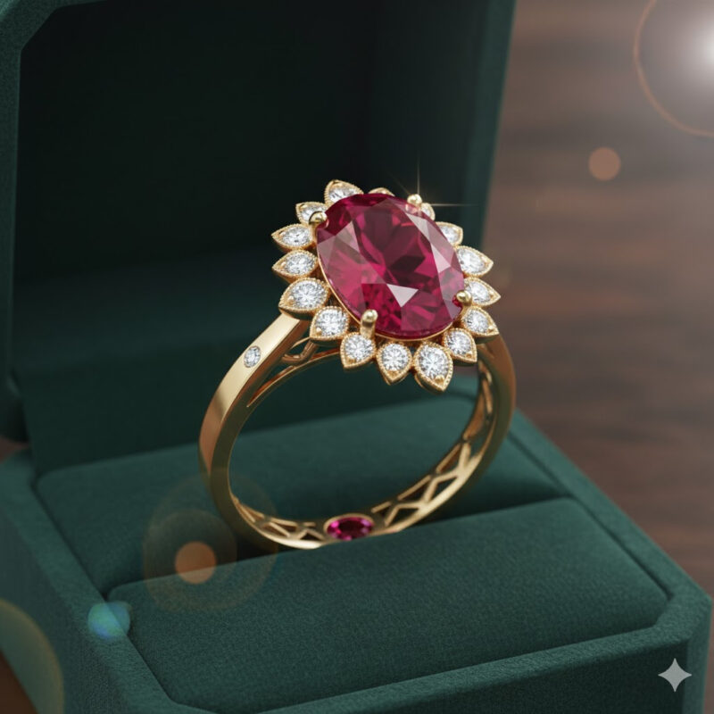 AI oval ruby halo engagement ring inspired by a family heirloom.