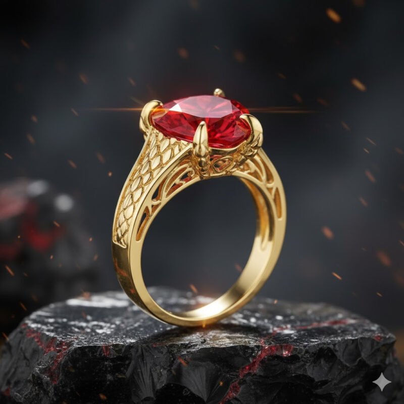 Ai designed engagement ring with ruby inspired by fantasy, storybooks, or mythology
