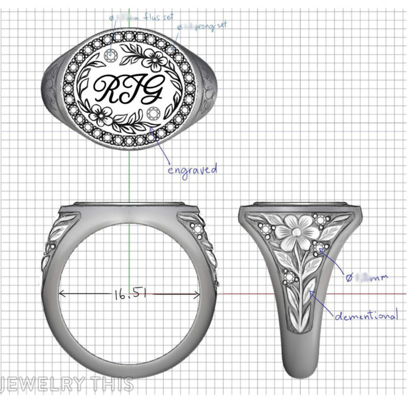 Initial sketch of Jessica’s signet ring featuring engraved initials, birthstones, and diamond frame