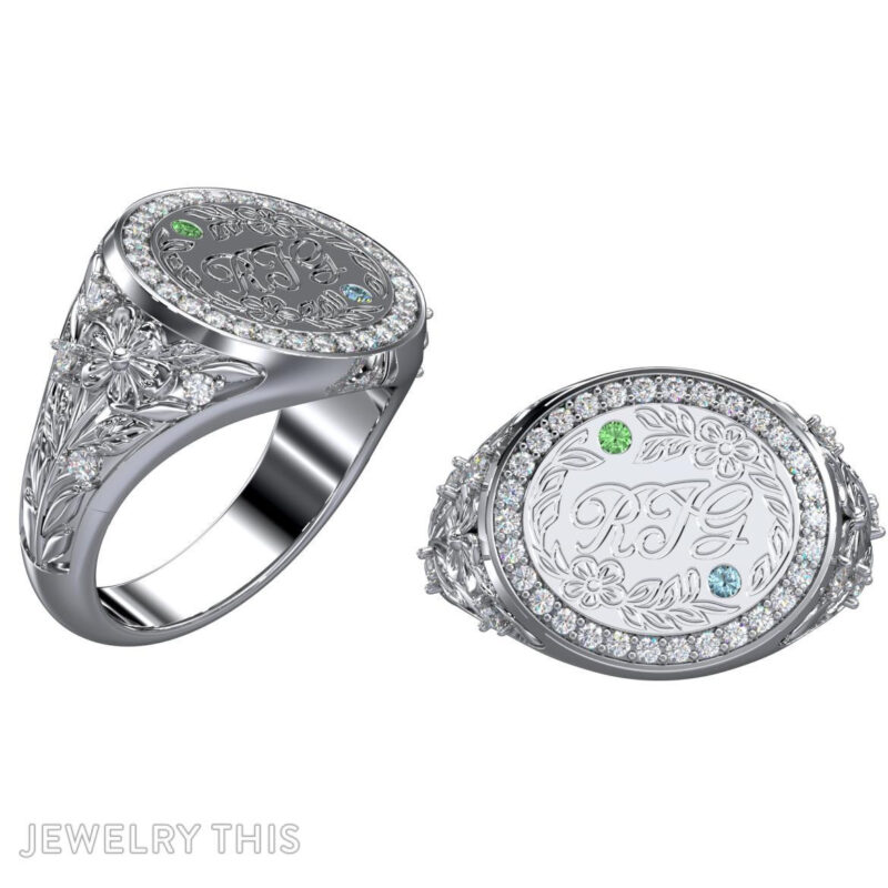 3D rendering of the custom signet ring showing diamond-set frame and side foliage detailing.