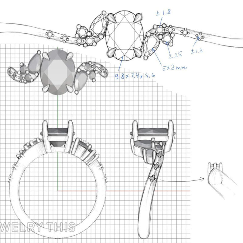 Hand drawn concept sketch of an engagement ring