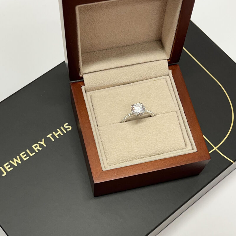 Finished engagement ring boxed and ready for shipping.