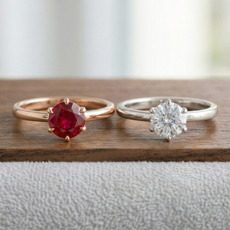 Ruby set in Rose Gold and Diamond set in White Gold