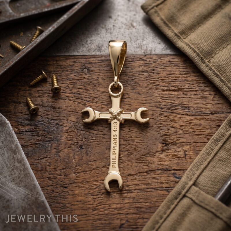 Finished 14k yellow gold wrench cross pendant