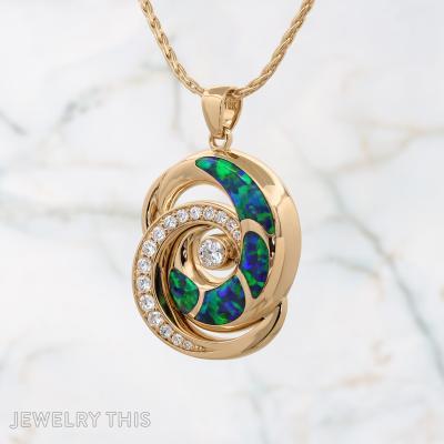 gold diamond and blue opal wave pendant
