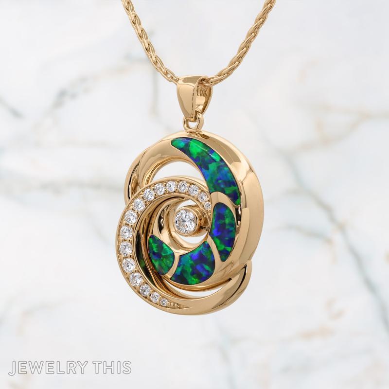 gold diamond and blue opal wave pendant