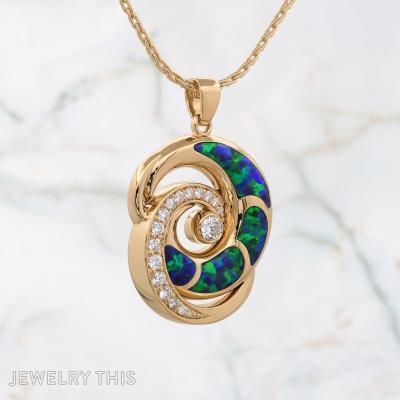 gold diamond and blue opal wave pendant