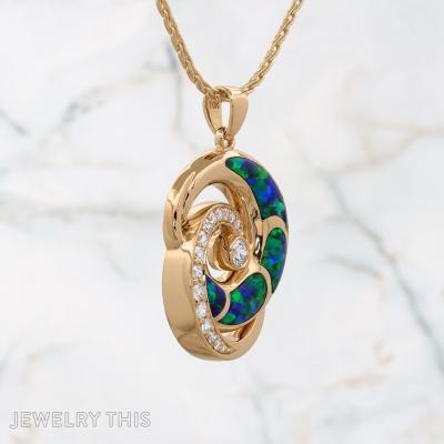 gold diamond and blue opal wave pendant