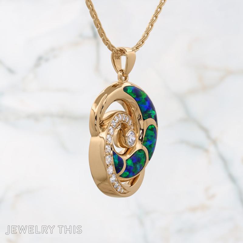 gold diamond and blue opal wave pendant