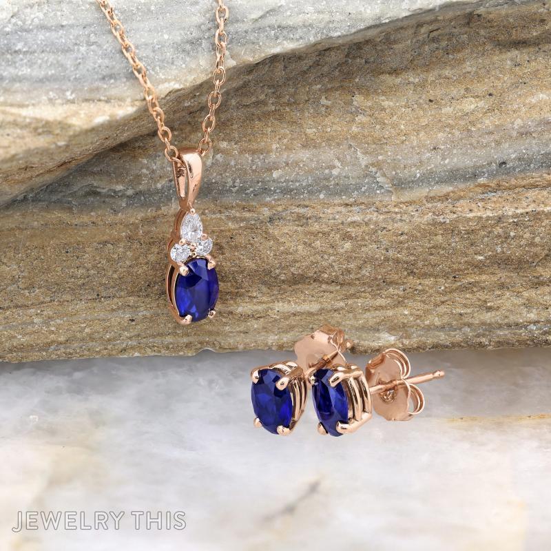 set earrings pendant oval labgrownbluesapphire